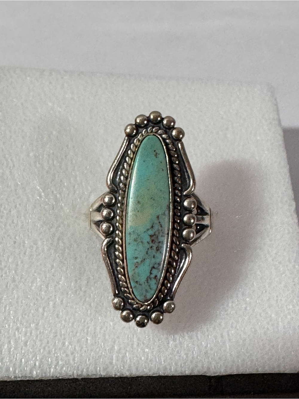 Southwest Bell Trading Post Oblong Turquoise Sterling Silver Ring Size 8.5